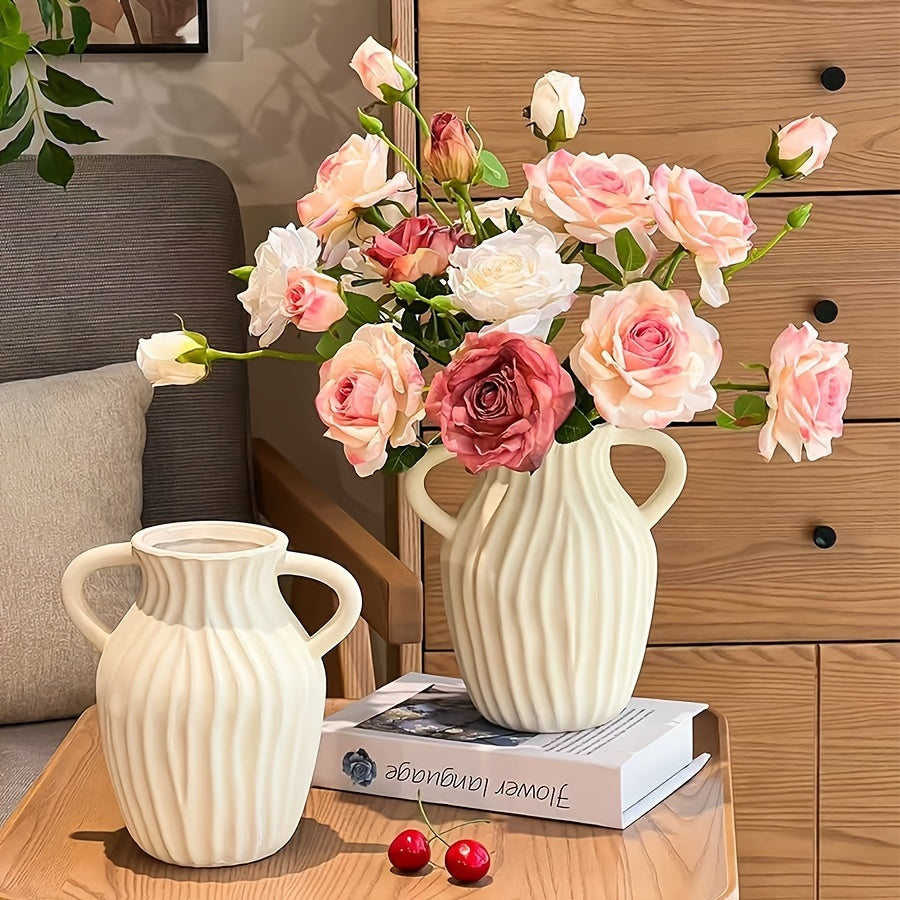 Bohemian Woven-Style Plastic Vase Suitable for Home Decor - Minimalist Striped White Round Cylindrical Vase with Woven Texture, Modern Centerpiece for Wedding Table, Housewarming Gift, Office Desk Arrangement, Plastic Flower