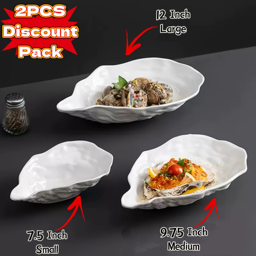 White Shell-Shaped Ceramic Serving Plate Set (2-Piece) – Oyster Design, Microwave Safe