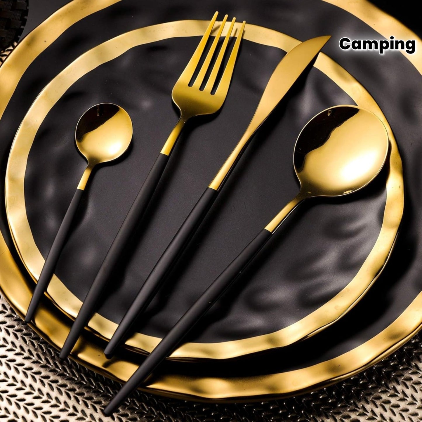 Black Golden Flatware, Royal 24 Piece Matte Black Handle 18/ 10 Stainless Steel Tableware Sets for 6 Including Forks Spoons Knives, Camping Silverware Travel Utensils Set Cutlery (Black Gold)