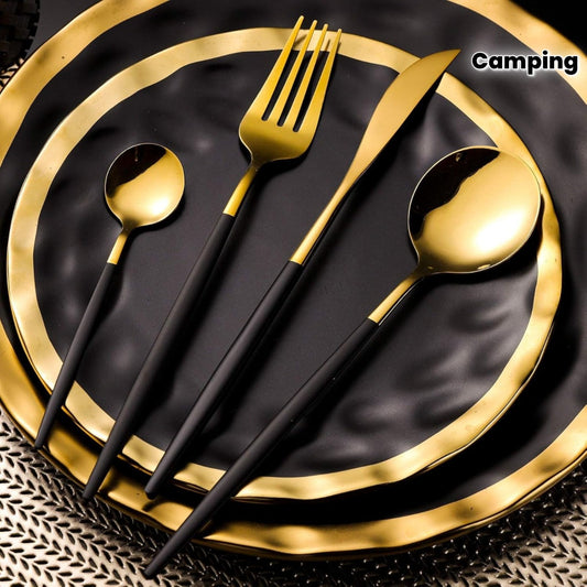 Black Golden Flatware, Royal 24 Piece Matte Black Handle 18/ 10 Stainless Steel Tableware Sets for 6 Including Forks Spoons Knives, Camping Silverware Travel Utensils Set Cutlery (Black Gold)