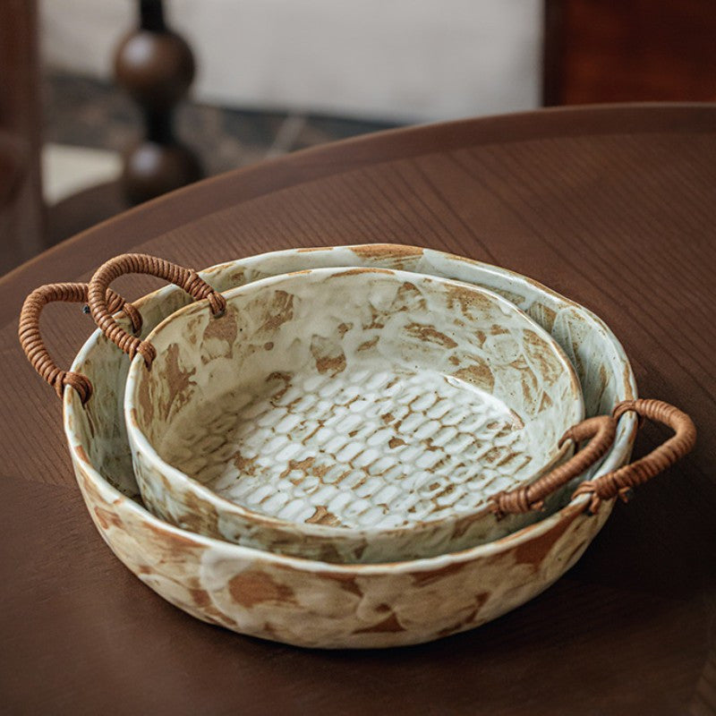 Handmade Rustic Pottery Bowl with Handles – Retro Deep Plate & Serving Bowl