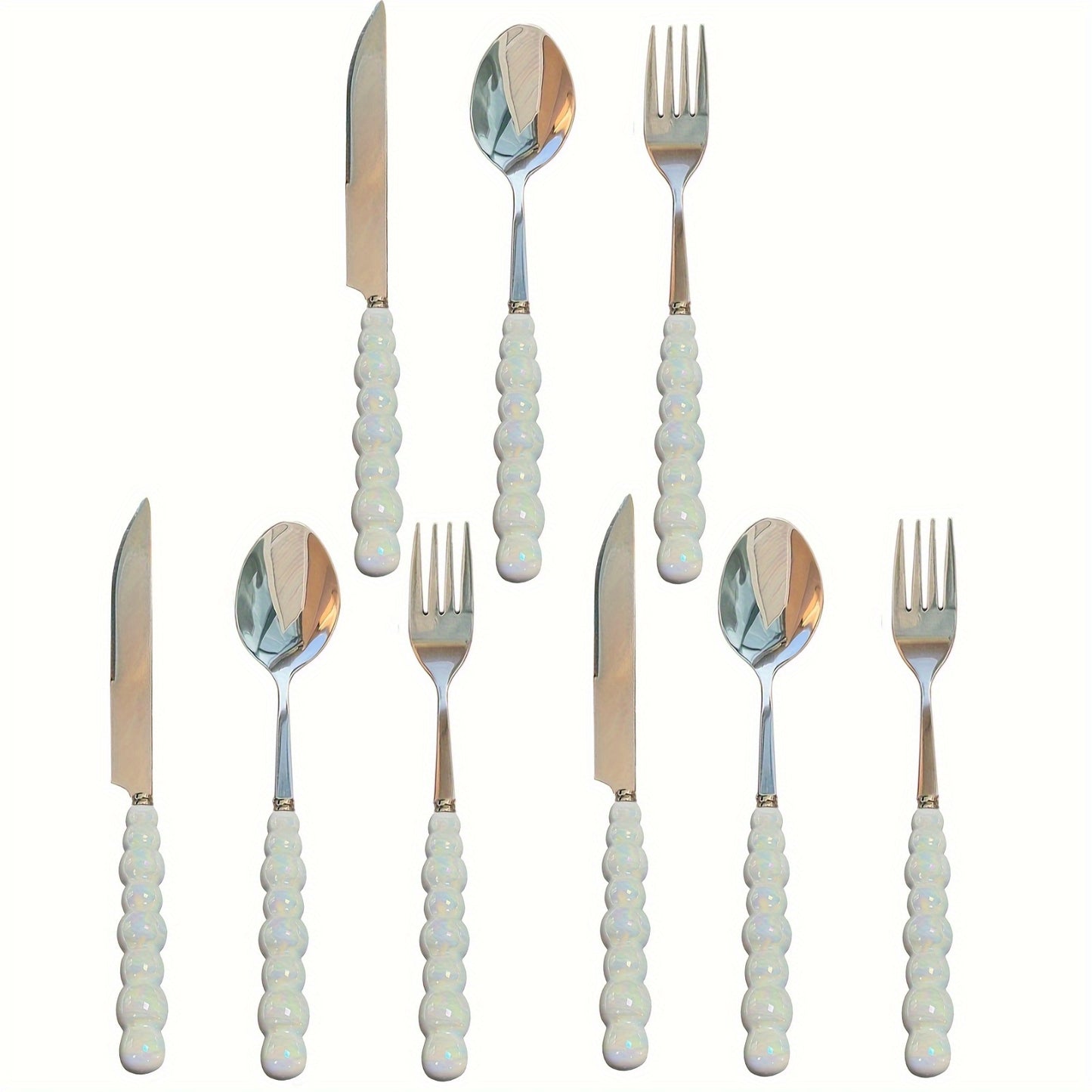 3/4/9/12 Beautiful Pearl-Shaped Stainless Steel Cutlery Sets with Ceramic Handle Table Knives, Dessert Spoons, Forks, and Spoons - Elegant Kitchen Tools and Accessories Perfect for Daily Family Dining, Birthday Parties, and H