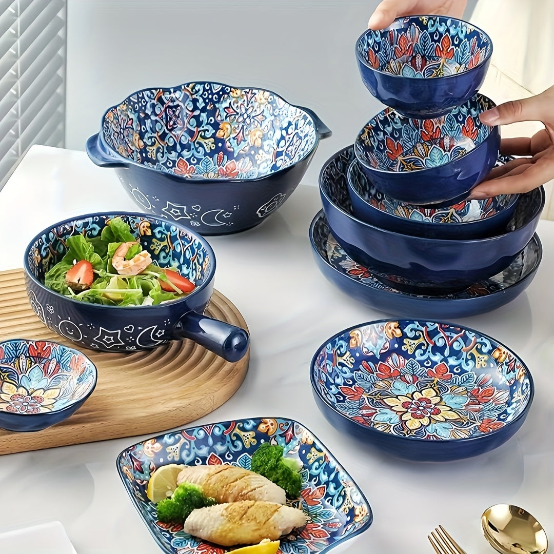 Bohemian Floral Ceramic Dinnerware Set (9-Piece) – Vintage Print Tableware