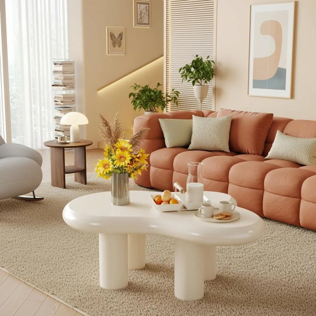 39.4” White Cloud Coffee Table – Modern Center Table with Solid Legs