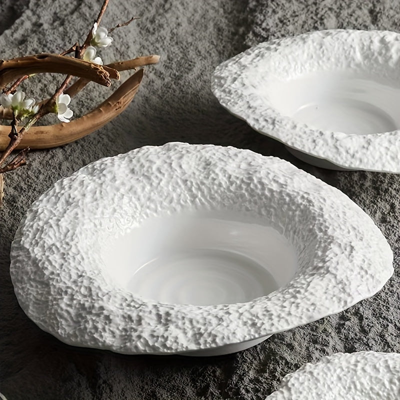 Italian-Inspired Rock Pattern Ceramic Deep Bowl Plate – White & Beige Serving Dish
