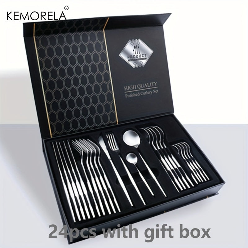 24pcs Stainless Steel Cutlery Set | KEMORELA Luxury Kitchen Cutlery Dishwasher Safe, 304 Stainless Steel