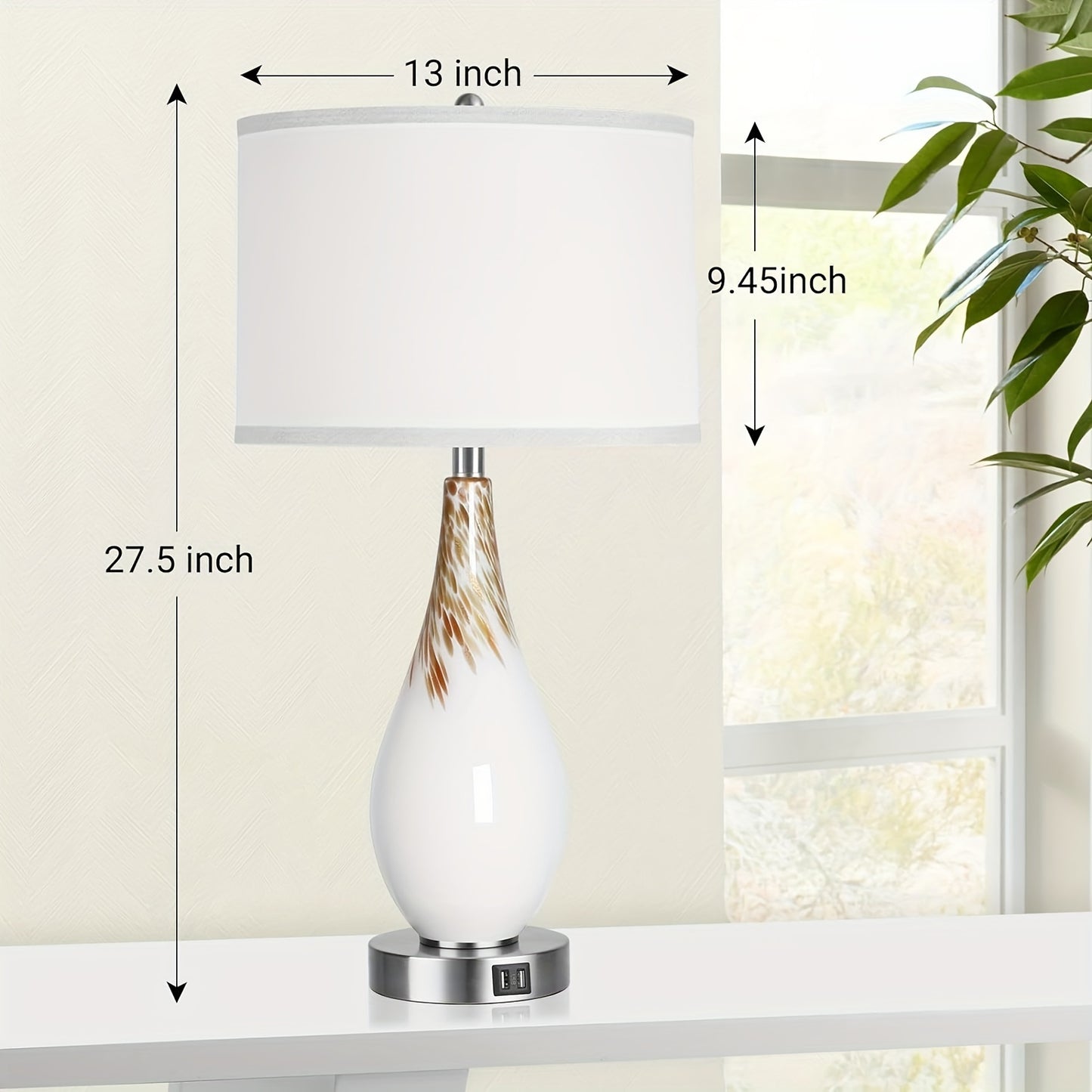 PARTPHONER Touch Control Table Lamps Set of 2, 27.5" Tall Modern Art Glass Bedside Lamp with USB Ports, 3-Way Dimmable Hand Crafted Nightstand Lamps White Drum Shade for Living Room Bedroom Home