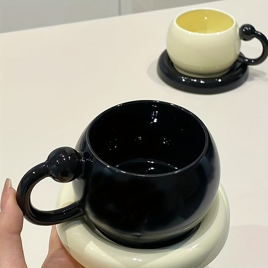 [Ceramic Mug Set] 2-Pack Black and White Ceramic Coffee Mug and Saucer Set | 6 oz Modern Minimalist Design, Durable Dishwasher Safe, Perfect for Home Kitchen, Cafe Use, Afternoon Tea, and Elegant Photo Props - FARIDABIO