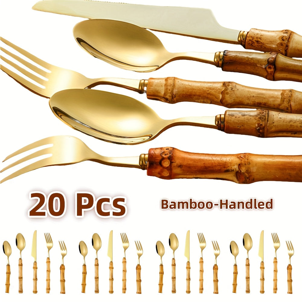 20pcs Bamboo-Handled Stainless Steel Flatware Set: Perfect for Outdoor, Everyday Use, and Gatherings - Suitable for 4 People - Dishwasher Safe - Ideal Wedding, Thanksgiving, Christmas, Valentine's Day, Eid Al-Fitr (Ramadan) G