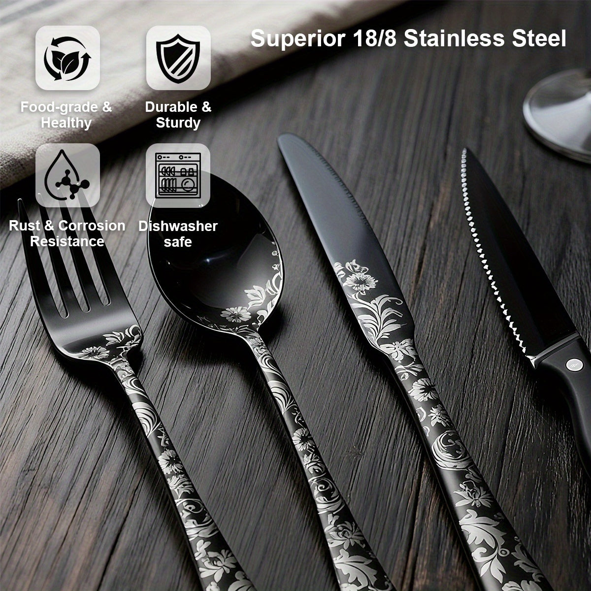 24pcs Stainless Steel Silverware, 4-Person 6pcs Laser-Etched Flatware Set, Flat Cutlery Set, Knife Fork Spoon Chopsticks Set, Suitable for Home, Hotel, Gatherings, Camping, Gifts - Vibrant Colors/Black