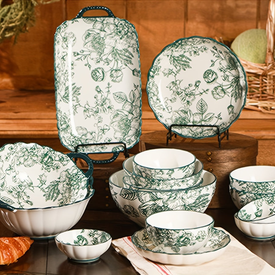Vintage Green Rose Ceramic Dinnerware Set (6-Piece) – Plates & Bowls
