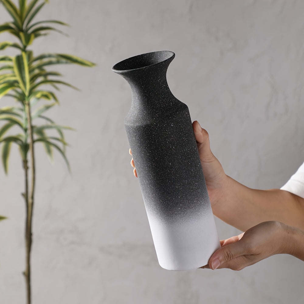1pc Ceramic Rustic Farmhouse Vase | Decorative Cylinder Flower Vase, Height 26.5CM, Solid Geometric Pattern, Suitable for Home Decoration, Table Settings, Living Room Decor, Shelf Embellishments