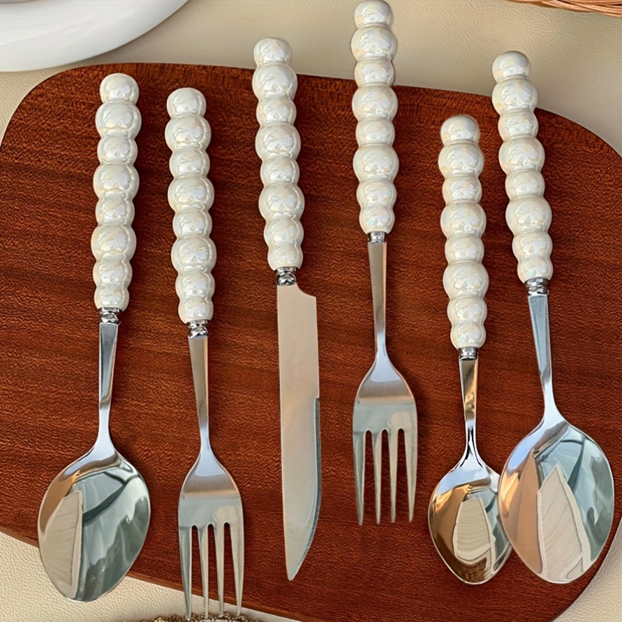 3/4/9/12 Beautiful Pearl-Shaped Stainless Steel Cutlery Sets with Ceramic Handle Table Knives, Dessert Spoons, Forks, and Spoons - Elegant Kitchen Tools and Accessories Perfect for Daily Family Dining, Birthday Parties, and H