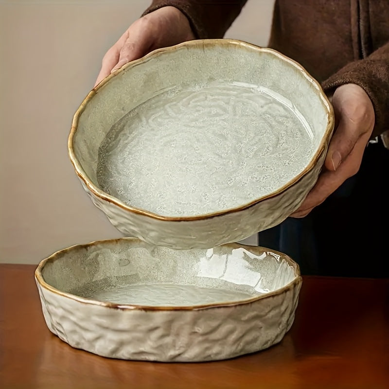 Handmade Water-Pattern Ceramic Bowl Set (2-Piece, 8") – Vintage Serving Plates
