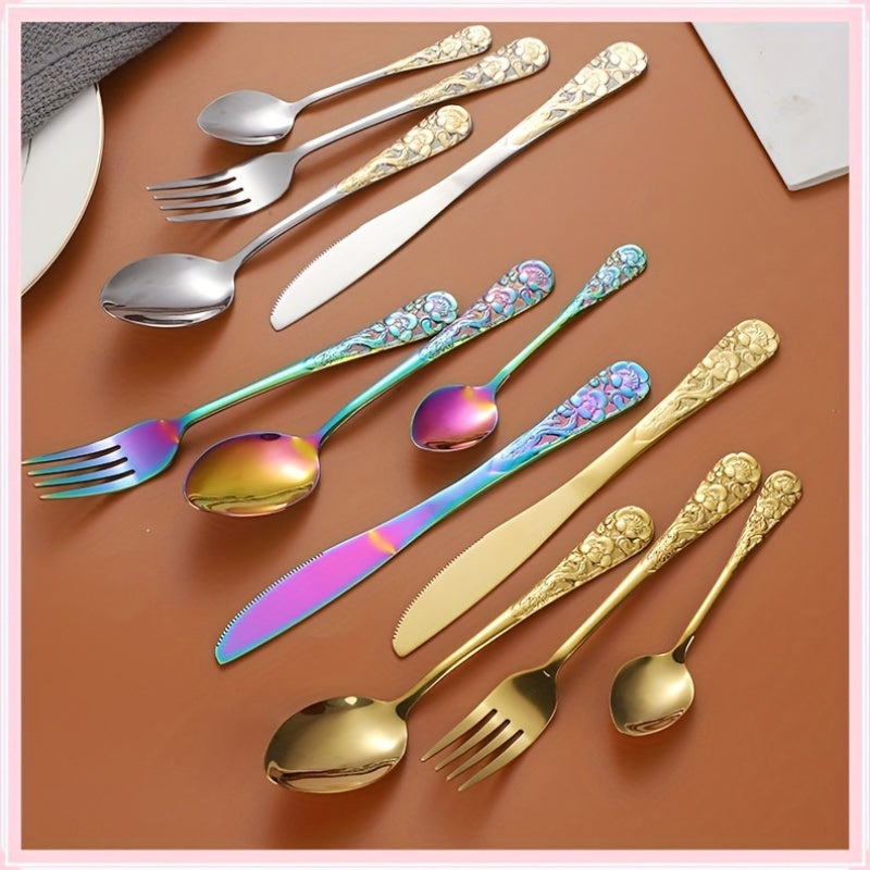 24pcs Stainless Steel Cutlery Set with Patterned Handles in a Gift Box