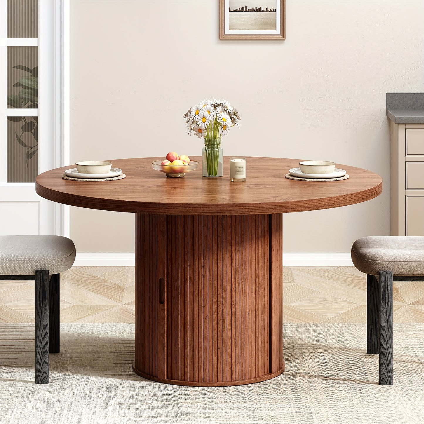 Round Dining Table with Storage – Sliding Doors & Drawer (47”)