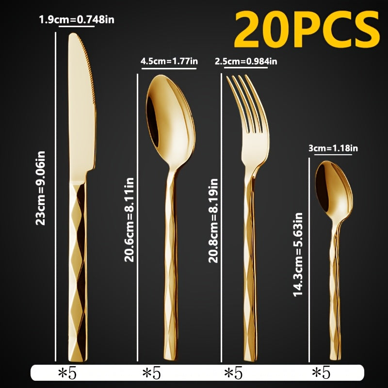 20/40pcs Luxurious Stainless Steel Dinnerware Set | Diamond-Cut Pattern, Elegant Tableware for Kitchen, Home, Weddings, Parties, Christmas, and Housewarming, Polished Mirror End, Dishwasher Safe