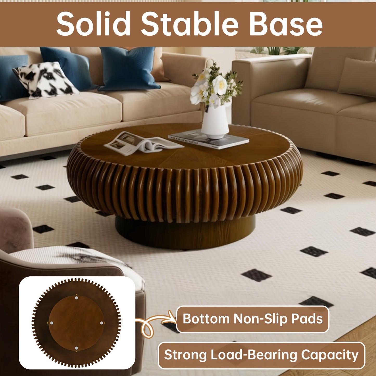 Brown Fluted Drum Coffee Table – Round Pedestal Center Table