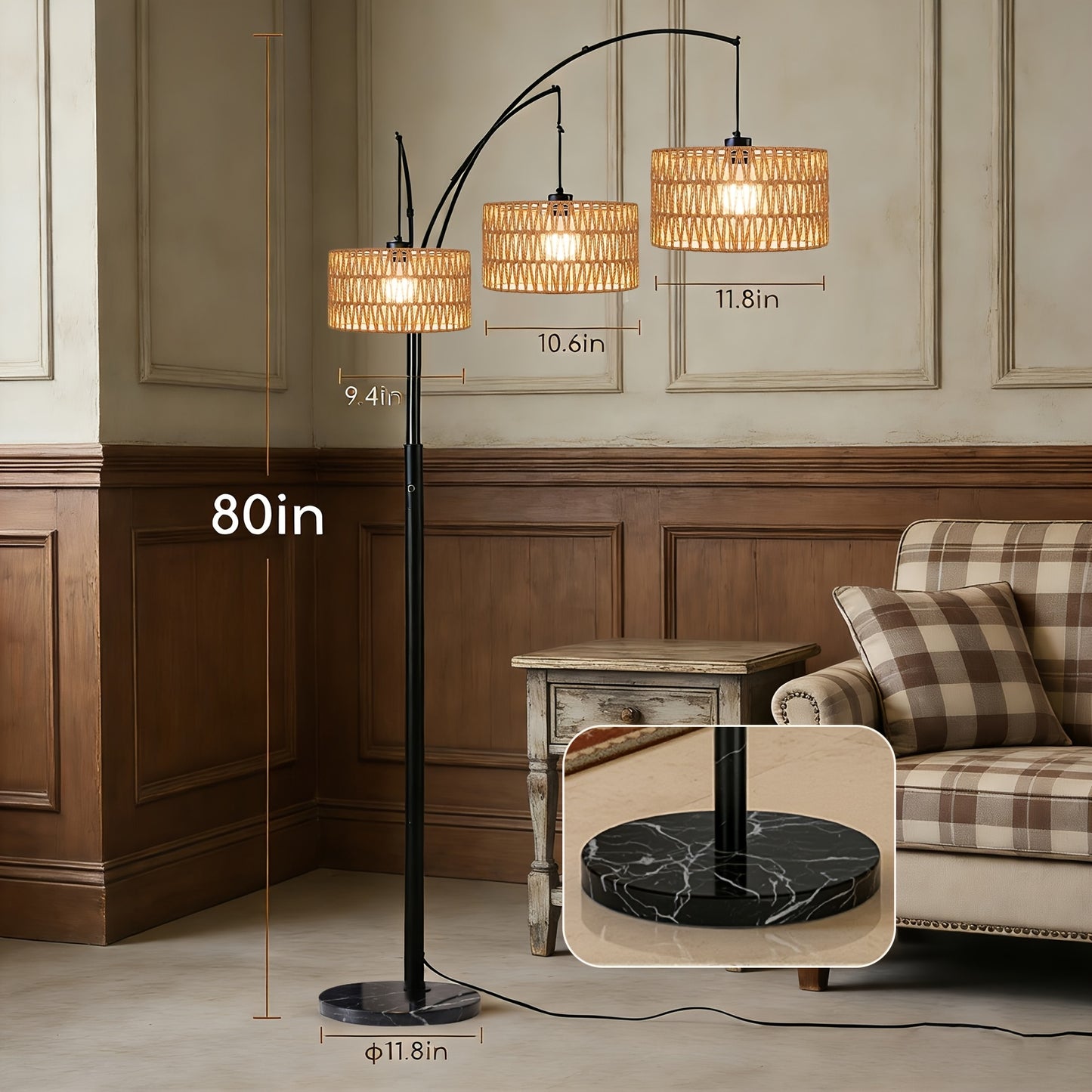 Arc Floor Lamps Designed for Living Spaces, Featuring a Farmhouse Boho Style with a Marble Base, Suitable for Bedrooms And Offices. This Tall, Dimmable Lamp Comes with Rattan Lampshades, Perfect for Reading, And Is Available