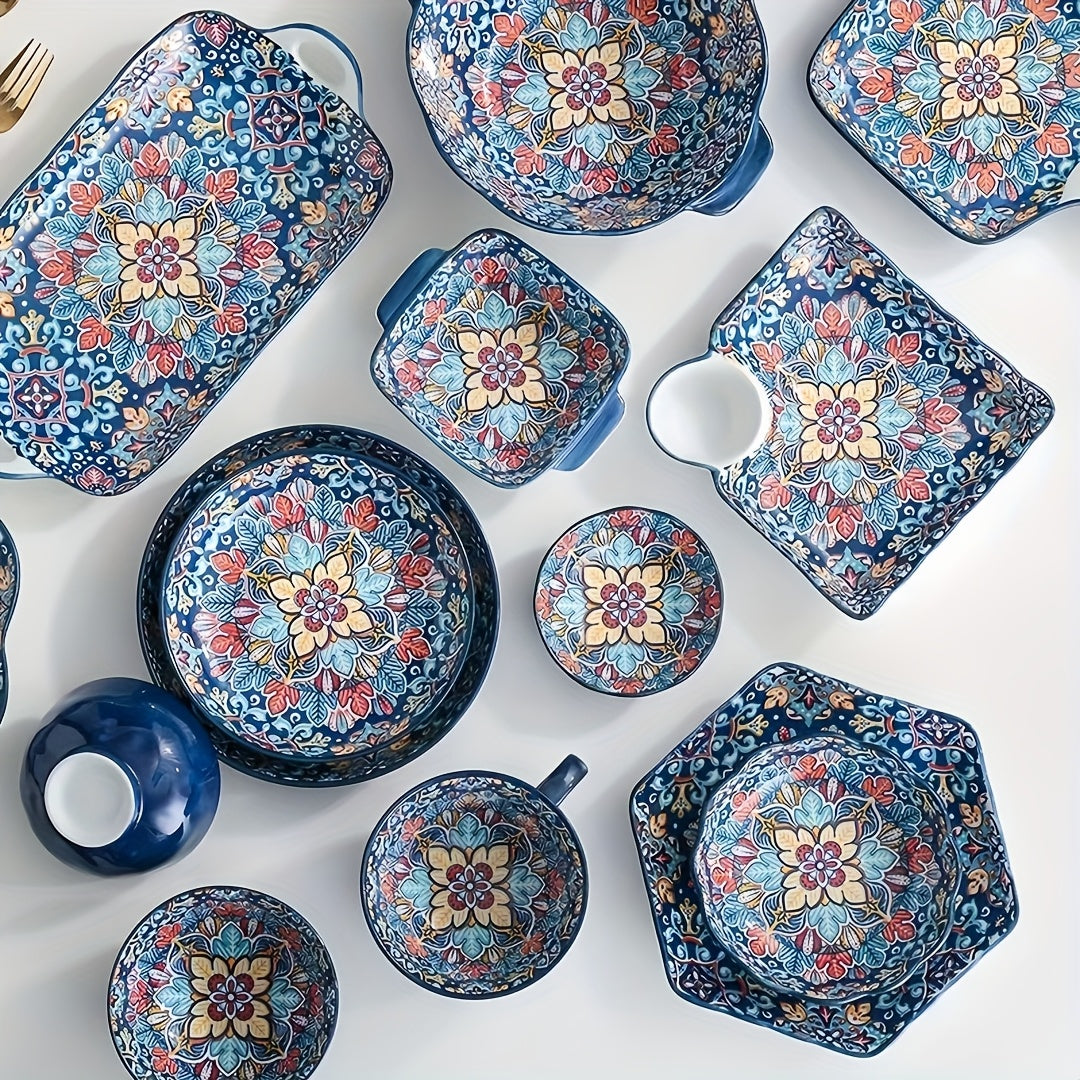 Bohemian Floral Ceramic Dinnerware Set (9-Piece) – Vintage Print Tableware