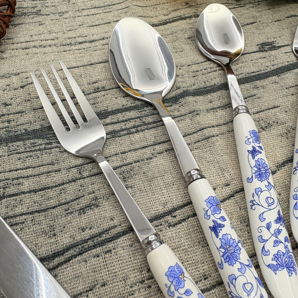 5/25pcs And Ceramic-Handle Stainless Steel Tableware | Includes Dinner, Fork, Spoon, And Dessert Spoon, Ideal For Home, Kitchen, And Restaurant Use