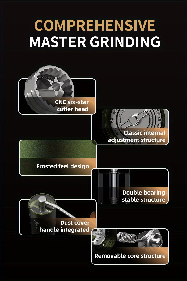 Bincoo Phantom Series Manual Coffee Grinder Featuring 6 Star Steel Burrs, a Portable Hand Crank Mill with Adjustable Grind Settings Suitable for Espresso, Pour Over, French Press, And Drip Coffee, Ideal for Home, Travel, Camp