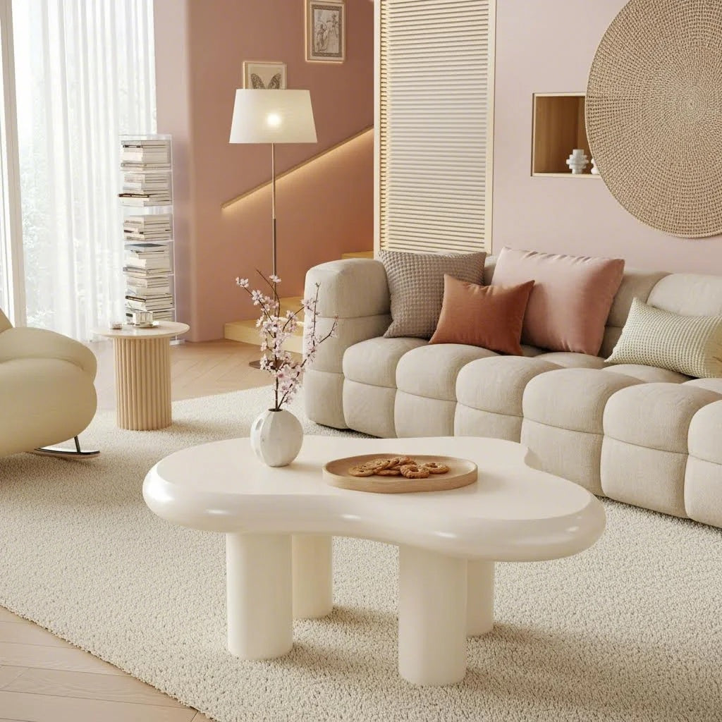 39.4” White Cloud Coffee Table – Modern Center Table with Solid Legs