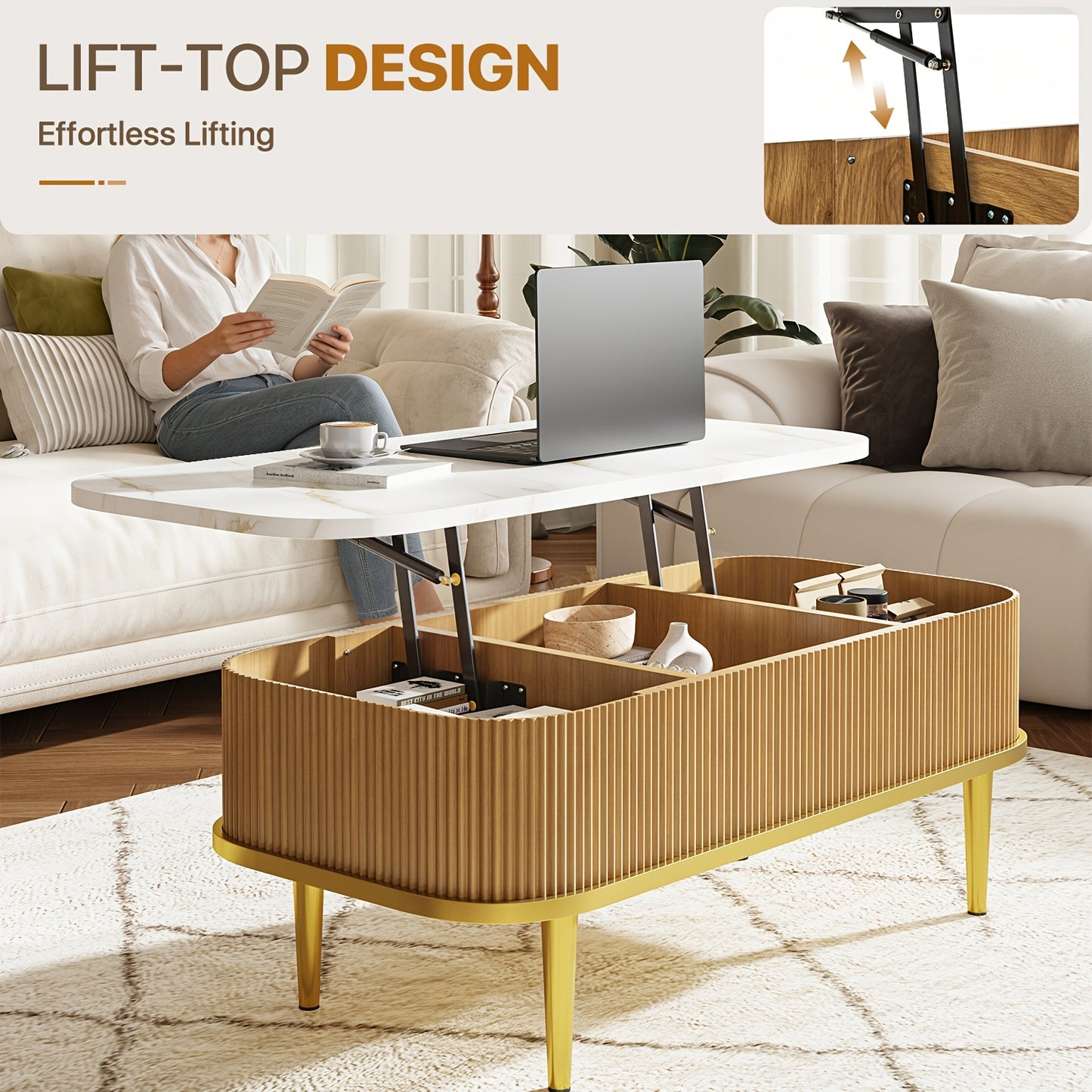 Lift-Top Coffee Table – Modern Oval Center Table with Storage (Walnut & Black)