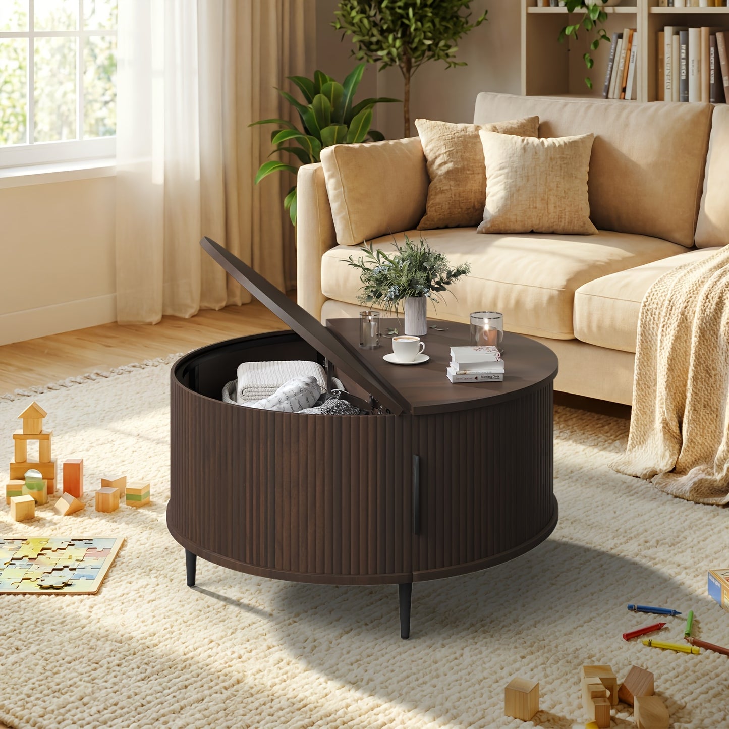 Modern Fluted Drum Coffee Table (31") with Hidden Storage & Sliding Doors – Oak Finish