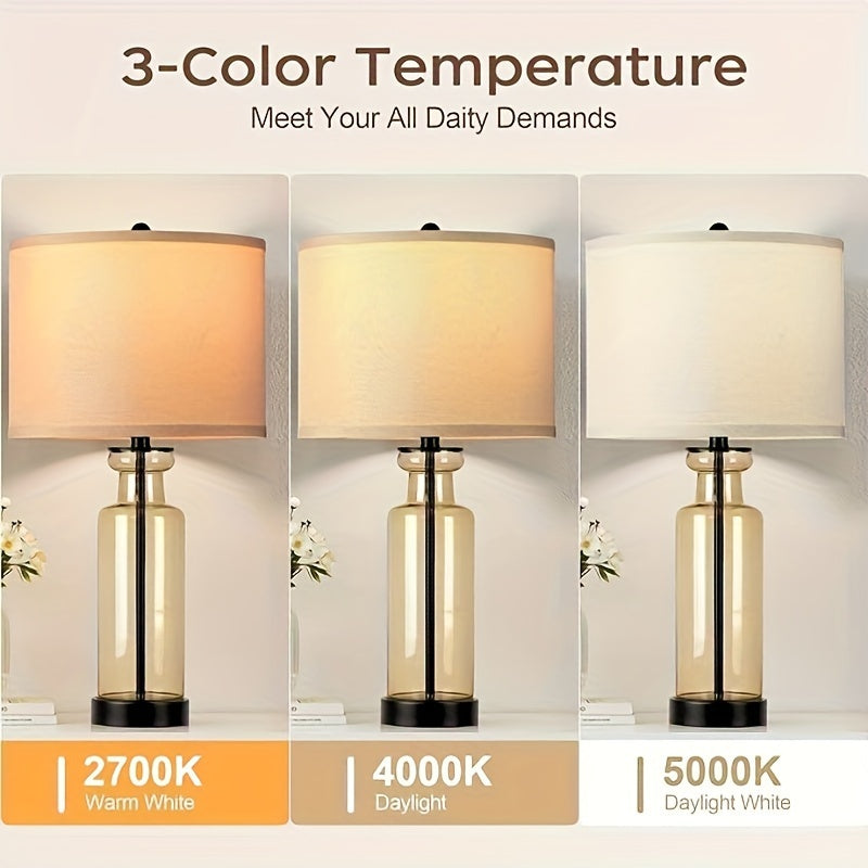 Set of 2 WIHTU Modern Glass Table Lamps - 27'' Brown Farmhouse Lamp with Linen Shade, 3 Color Temperature, USB C & A Ports, Bulbs Included, Perfect for Living Room and Bedside Nightstands