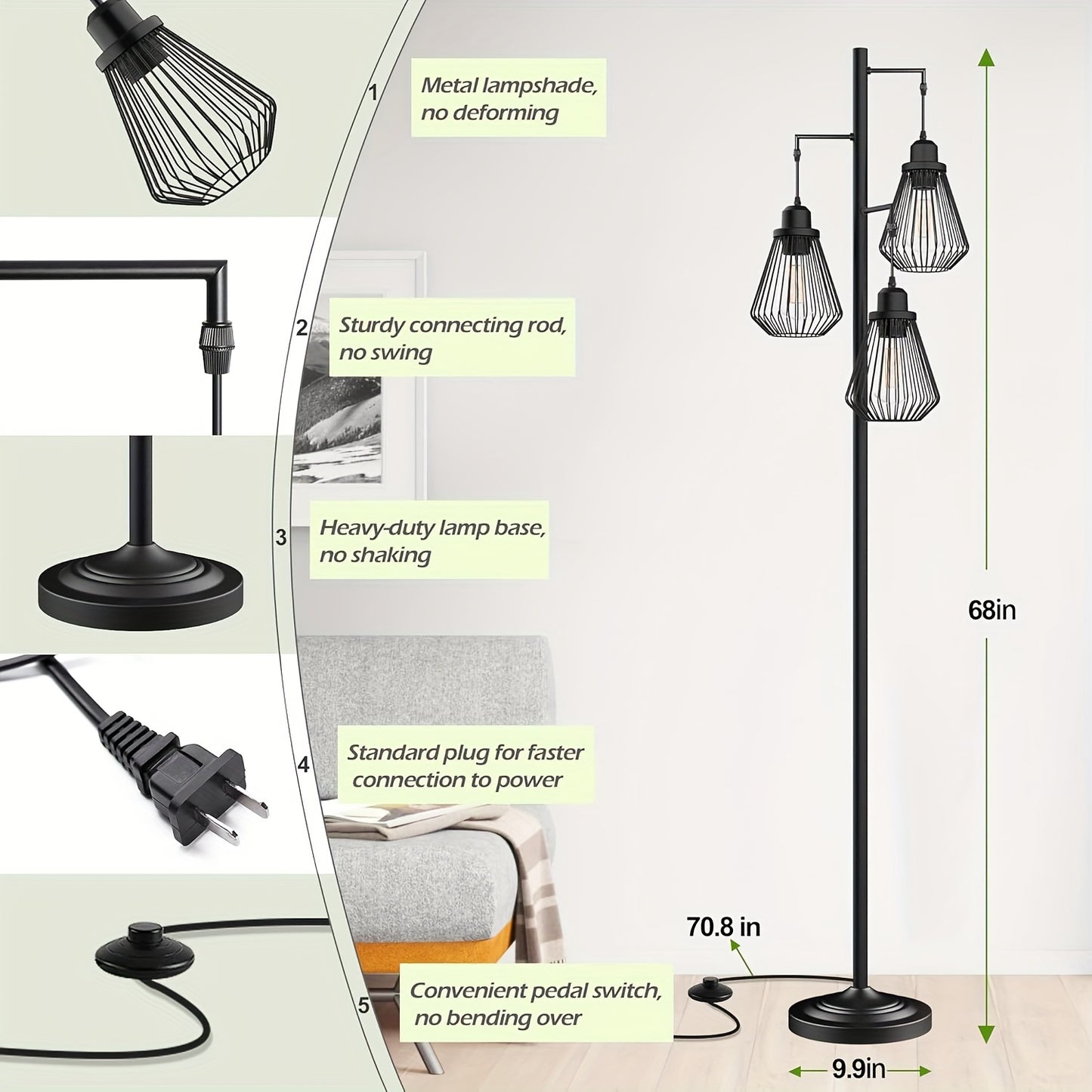 Industrial Floor Lamps For Living Room, Farmhouse Standing Lamp With 3 Hanging Teardrop Cage Shades, 68" Modern Rustic Tree Tall Lamps With Pedal Switch For Bedroom Office Home Light Decor, Black