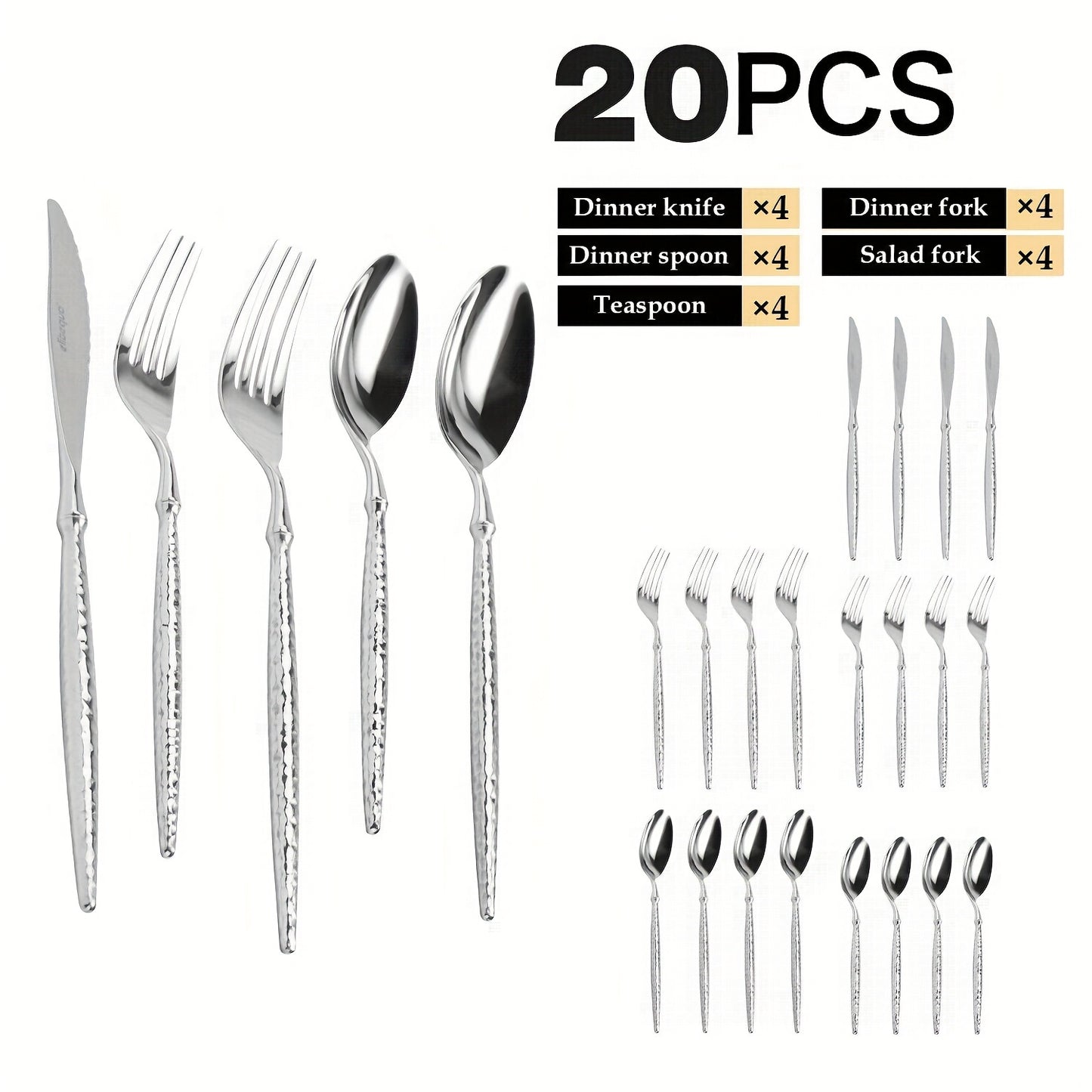 20pcs Silvery Stainless Steel Flatware Set with Hammered Handles, 4/6-Person Service, Includes Knives, Forks And Spoons, Mirror Polished, Dishwasher Safe, Ideal for Family Gatherings