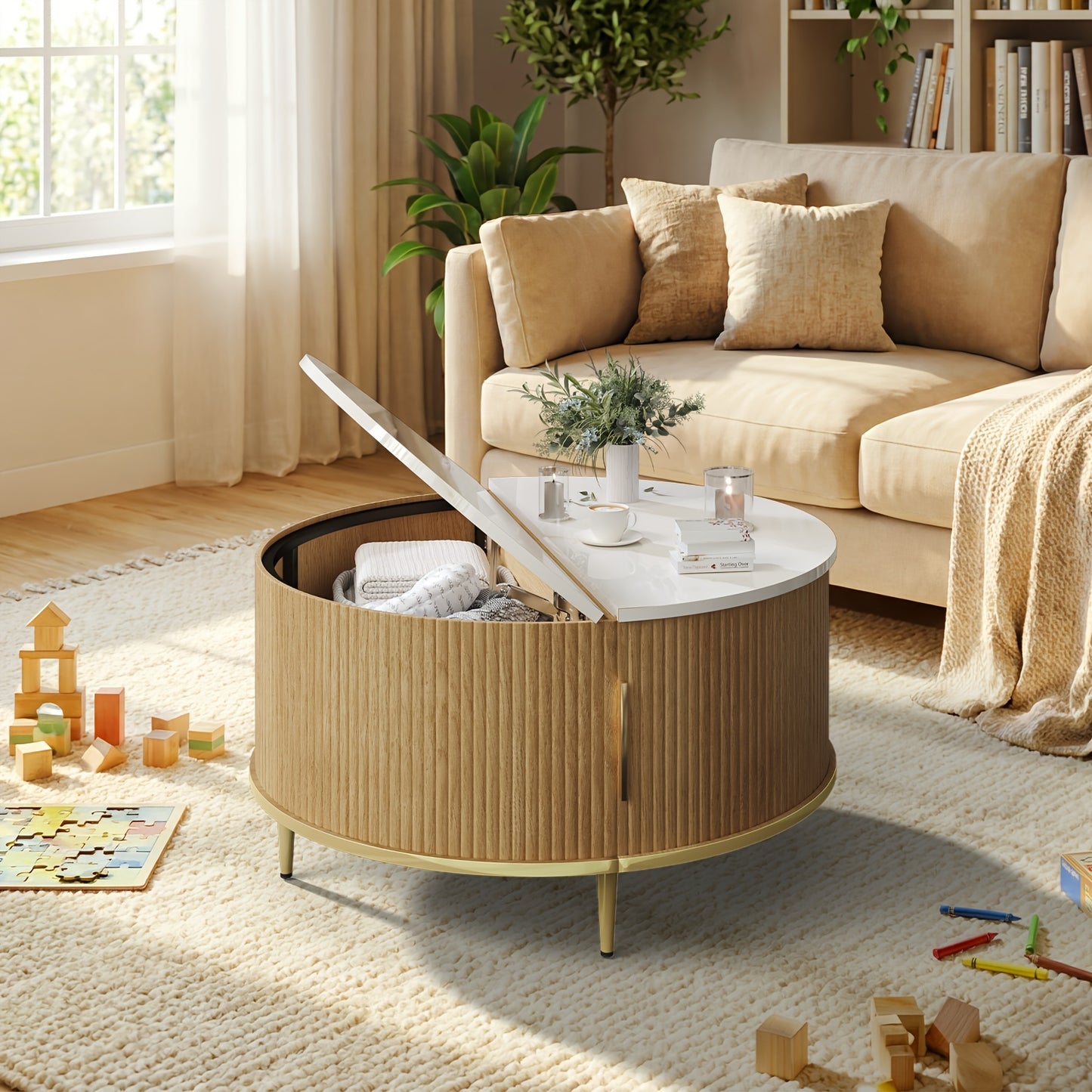 Modern Fluted Drum Coffee Table (31") with Hidden Storage & Sliding Doors – Oak Finish