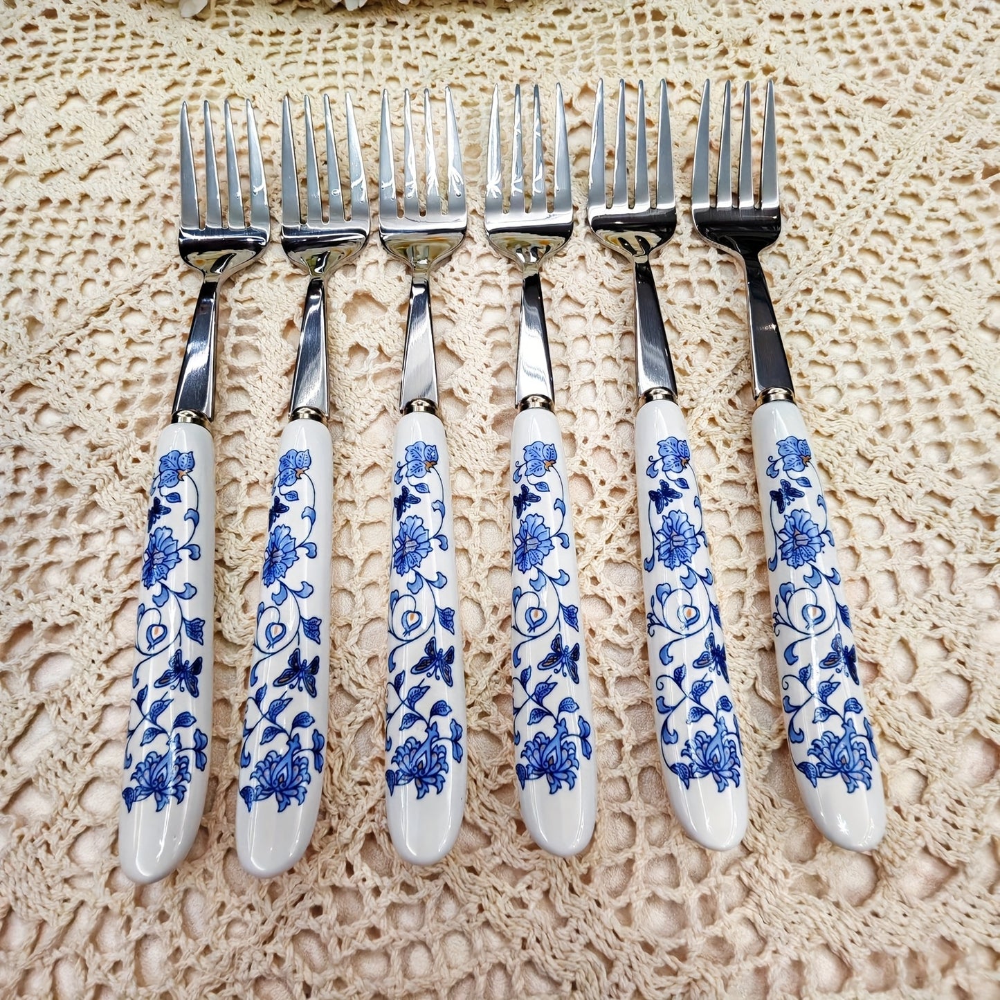 2/12pcs Blue And White Porcelain Handle Silverware Stainless Steel Tableware, Unique And Elegant Forks And Spoons, Beautiful Old-Fashioned Porcelain, Suitable for Restaurants, Kitchens, Daily Dining, Gatherings, And Holiday G