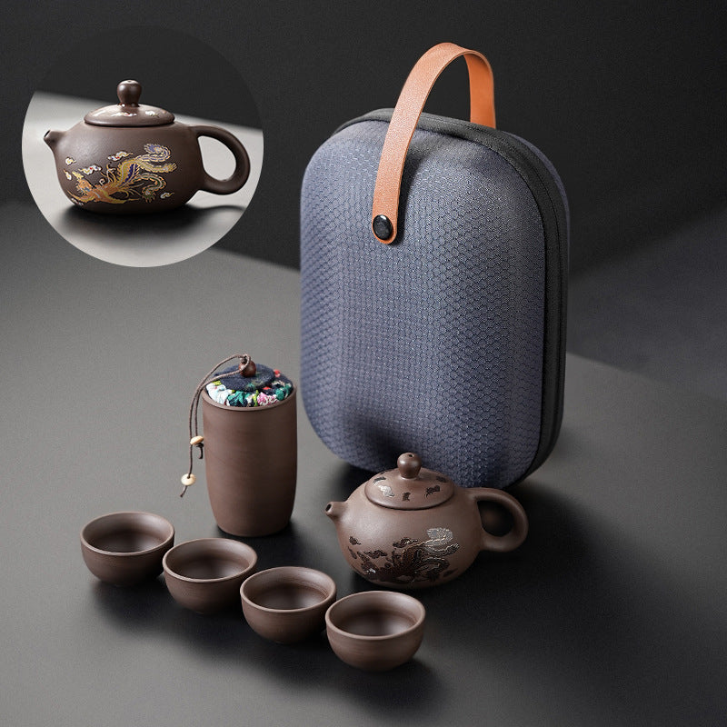 Portable Chinese Ceramic Purple Clay Tea & Coffee Set - One Pot & 4 Cups Travel Tea Suitable for, Camping, Office, Gift for, - Ceramic Tea Set with Storage Bag, Coffee/ Tea Cups