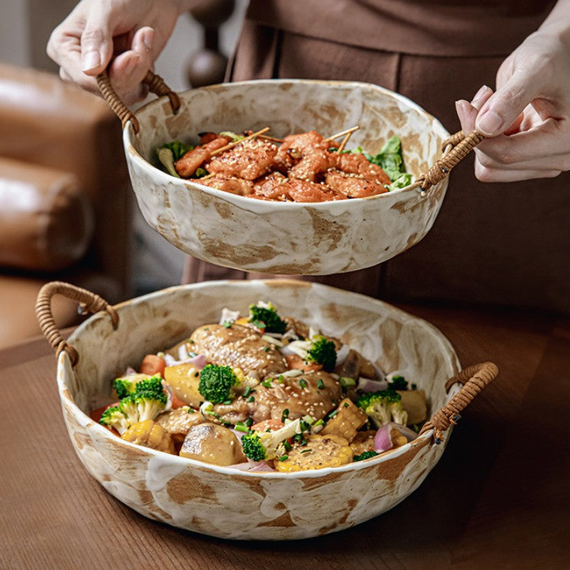 Handmade Rustic Pottery Bowl with Handles – Retro Deep Plate & Serving Bowl