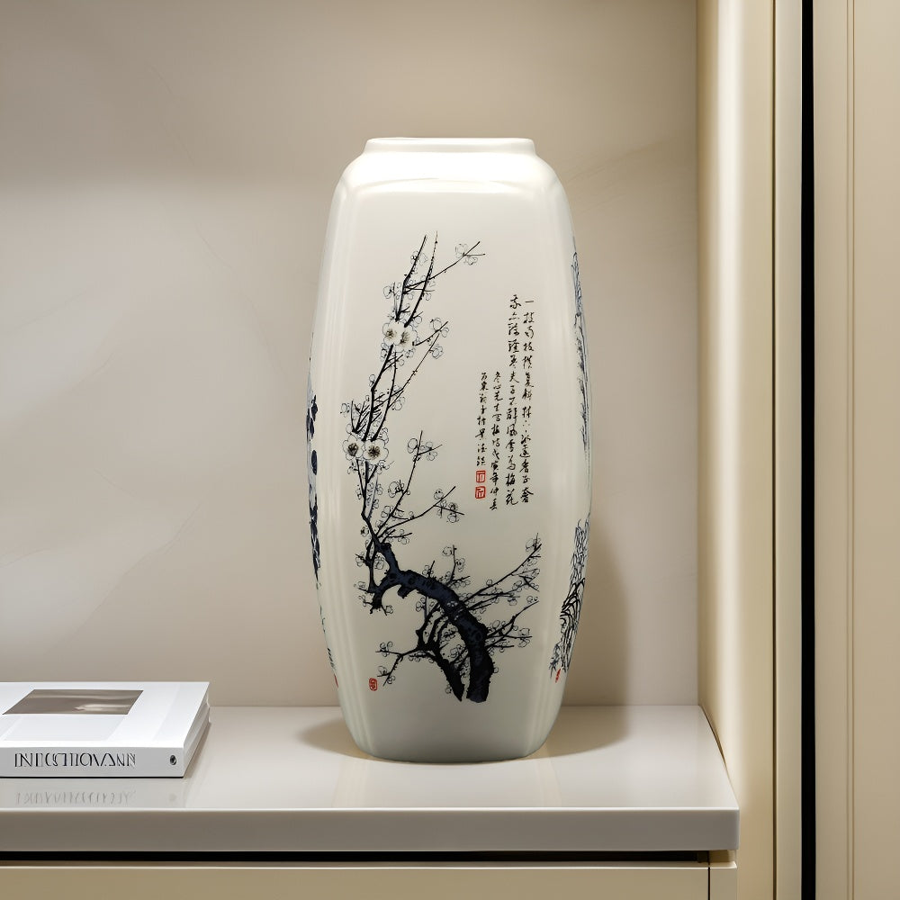 Modern Vase, 12.6inch Ceramic Vase for Home Decor, Flowers, Hydroponic Plants, Wedding, Centerpiece, St Patrick's Day, Easter, Spring Decor, Designer Recommended.Square Ceramic Vase Decorated with the "Four Gentlemen"(Plum, O