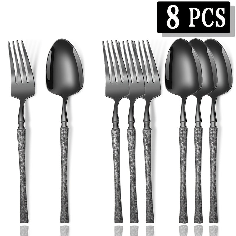 4/8pcs Premium Vertical Stripe Handle Stainless Steel Cutlery Set, Western Dining Utensils, Fork and Spoon Combo, Suitable for Home Kitchen, Hotel Restaurant, Wedding Party, Holidays, Christmas, Easter, Thanksgiving