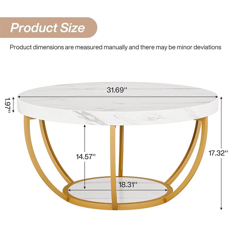 Round Coffee Table with Storage Shelf – Gold Metal Frame & Double-Layer Design