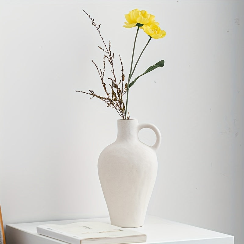 1pc Ceramic Rustic Farmhouse Vase With Handle, Minimalist Decorative Vases For Home Decor, Table, Living Room, Shelf Decoration