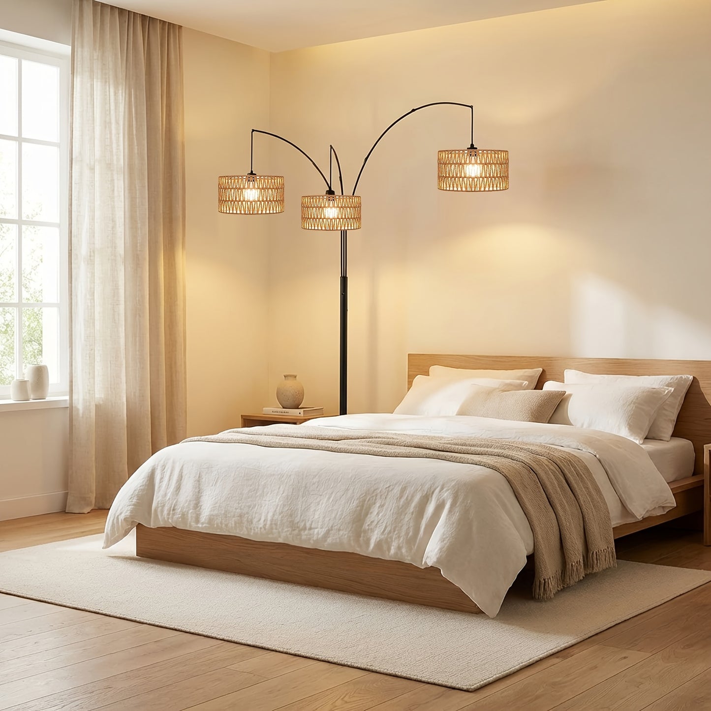 Arc Floor Lamps Designed for Living Spaces, Featuring a Farmhouse Boho Style with a Marble Base, Suitable for Bedrooms And Offices. This Tall, Dimmable Lamp Comes with Rattan Lampshades, Perfect for Reading, And Is Available