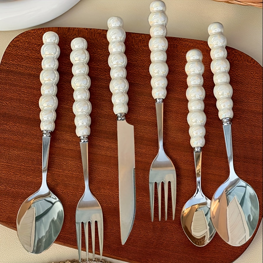 3/4/9/12 Beautiful Pearl-Shaped Stainless Steel Cutlery Sets with Ceramic Handle Table Knives, Dessert Spoons, Forks, and Spoons - Elegant Kitchen Tools and Accessories Perfect for Daily Family Dining, Birthday Parties, and H