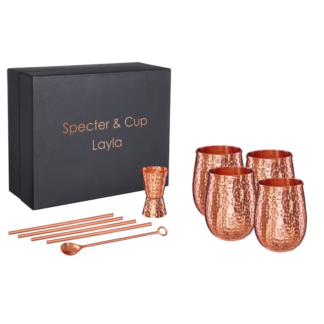Copper Mugs Set Layla - 4 Copper Glasses 470ml with 6 PCS Accessories