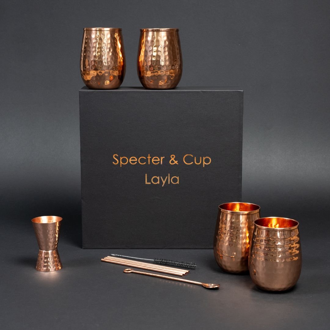 Copper Mugs Set Layla - 4 Copper Glasses 470ml with 6 PCS Accessories